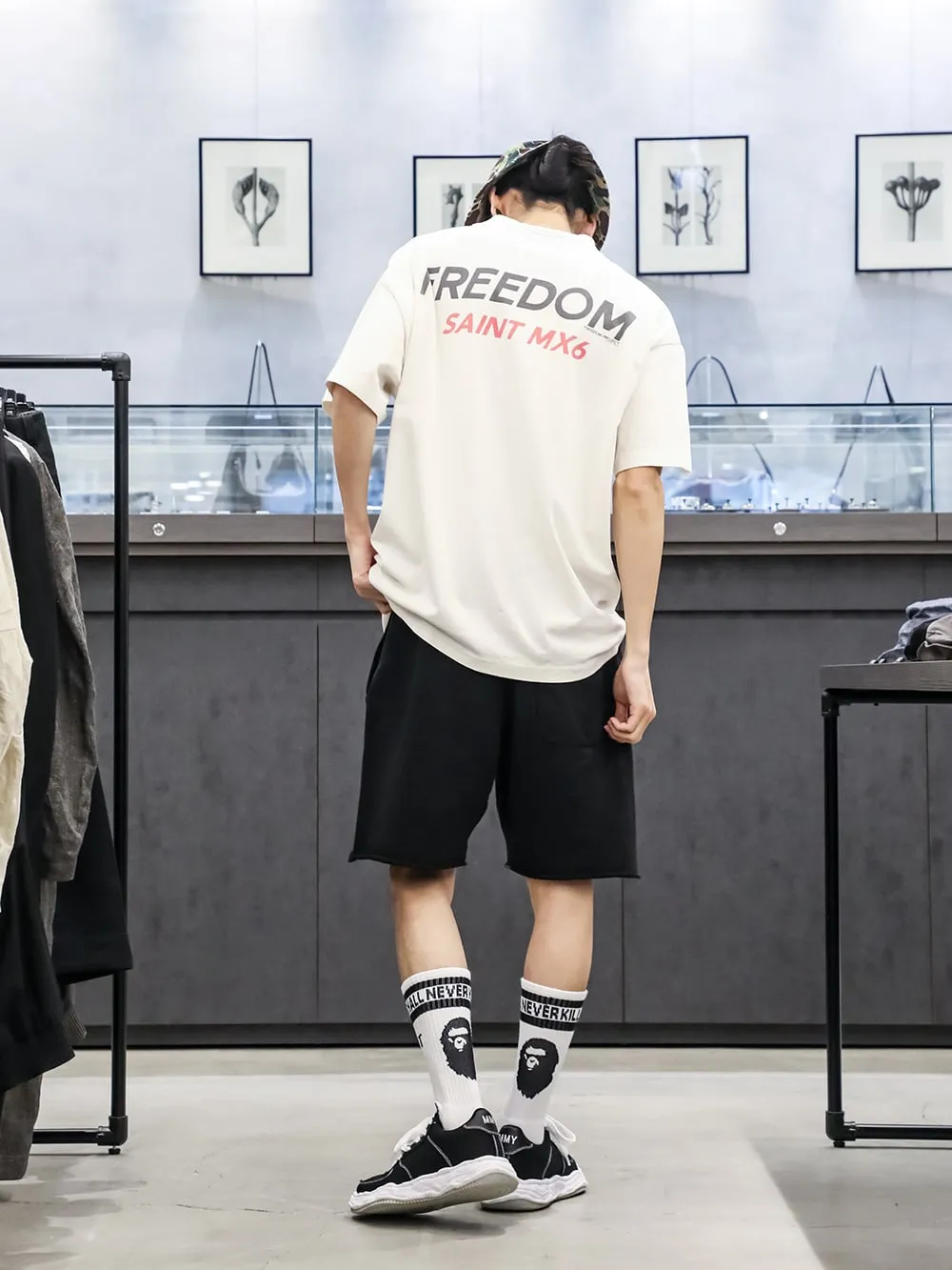SAINT Mxxxxxx 'SAINT' SWEAT SHORTS/GRY/BLK embroidered SAINT LOGO basic shorts, distressed gray/washed black S-XL, four needles and six threads throughout, produced by a major domestic factory, imported Tajima machine embroidery, washed and distressed, original version